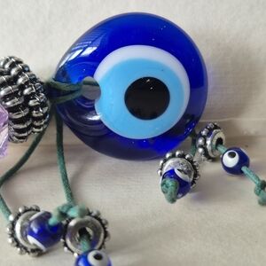 Blue Evil Eye Kwychain  with  Lilac  Center Bead